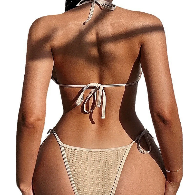 Solid Color Tie-Neck Bikini Sexy Trikini Swimwear Adjustable Beach Set For Vacation